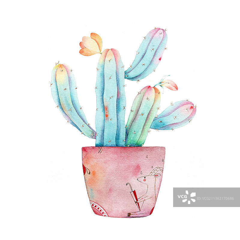 水彩仙人掌与小动物图片素材