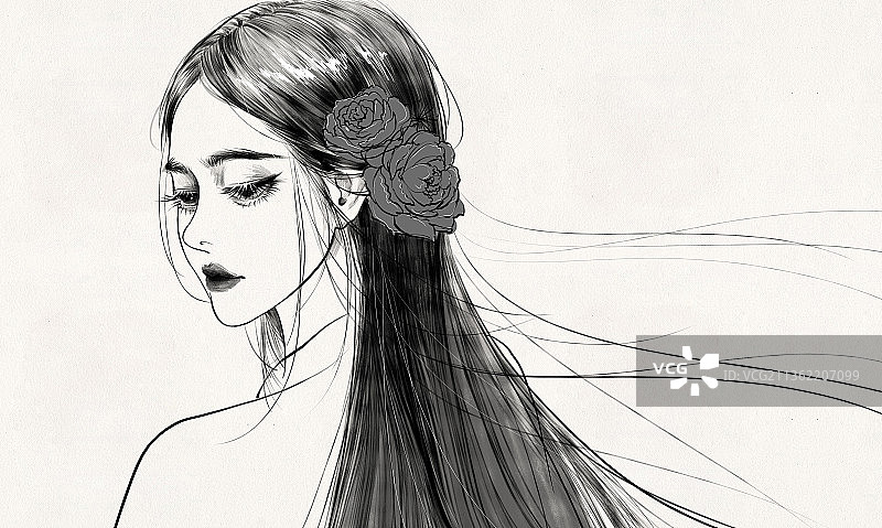 原创古代美女没人长发红唇古风水墨白描四分之三侧脸 侧脸 插画图片素材