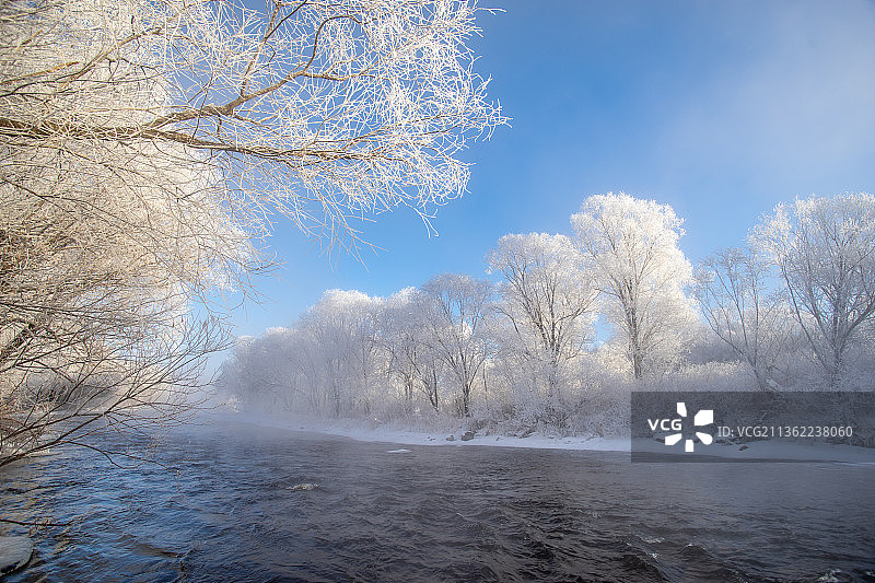 中国黑龙江黑河逊克县大平台库尔滨冬季雾淞景观图片素材