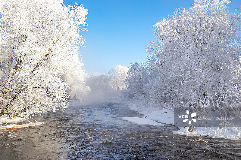 中国黑龙江黑河逊克县大平台库尔滨冬季雾淞景观图片素材