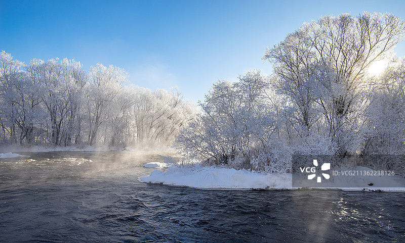 中国黑龙江黑河逊克县大平台库尔滨冬季雾淞景观图片素材