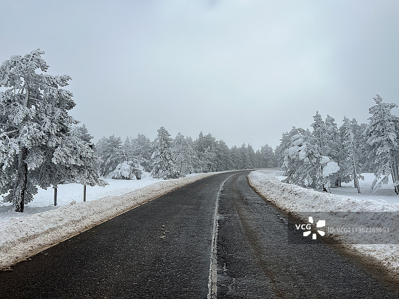 西班牙特鲁埃尔云杉林雪山公路图片素材