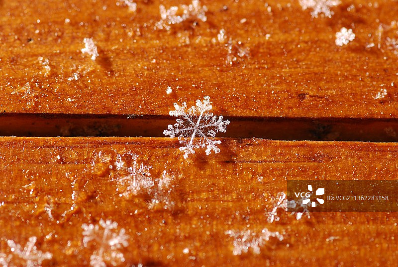 木桌上的雪花特写图片素材