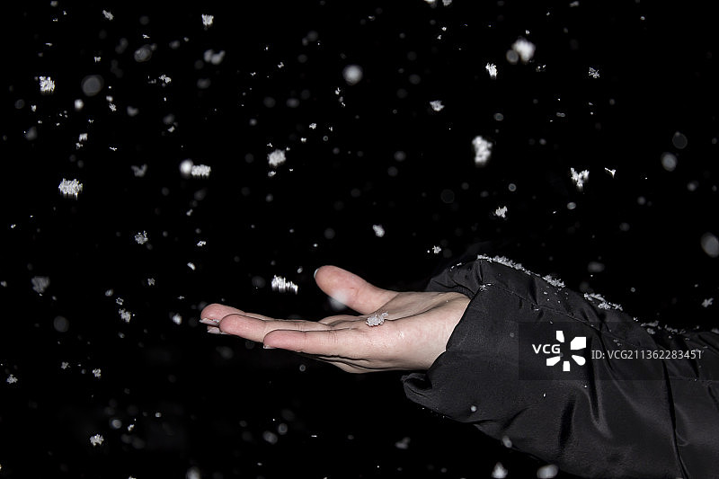 女性之手接住飘落的雪花，在黑暗时刻图片素材
