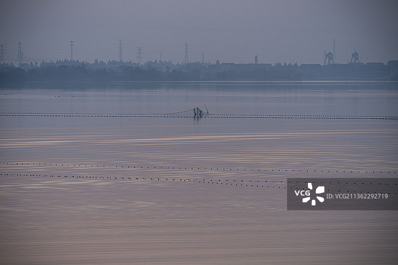 清晨日出瑶湖渔业养殖区，捕捞图片素材
