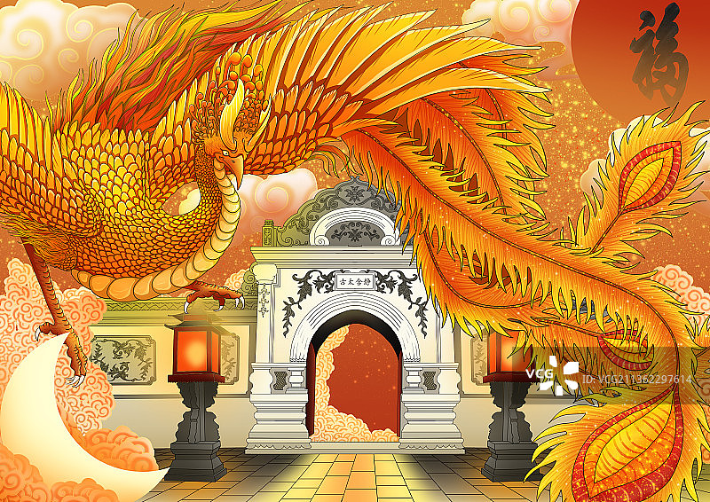 一只金黄的凤凰盘旋在西洋门上图片素材