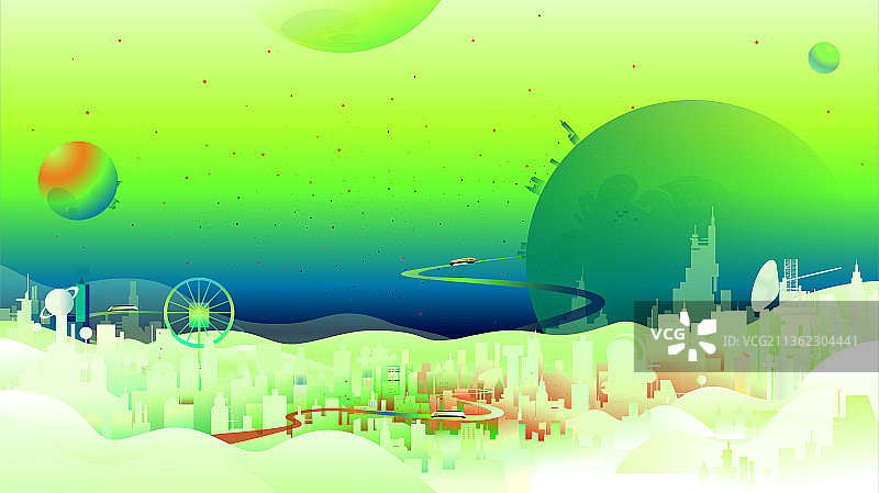 原创怪异宇宙神秘潮流星球城市绿色插画图片素材