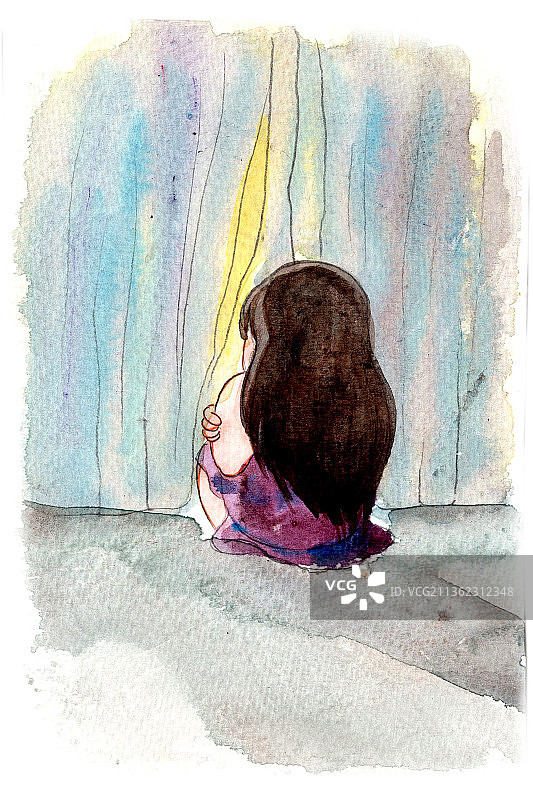 插画：手绘水彩少女风生活心理画-室内图片素材