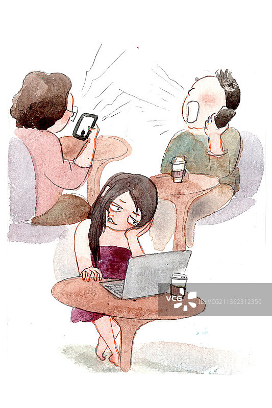 插画：手绘水彩少女风生活心理画-噪音图片素材