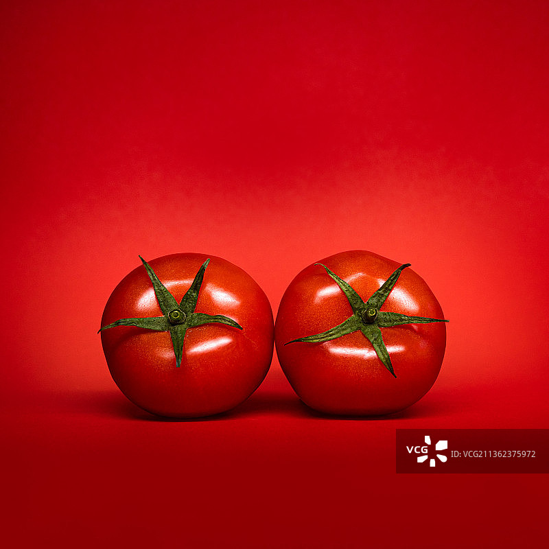 鲜红：红色背景下的特写番茄图片素材