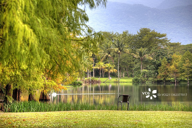 树木与天空相映的湖景图片素材