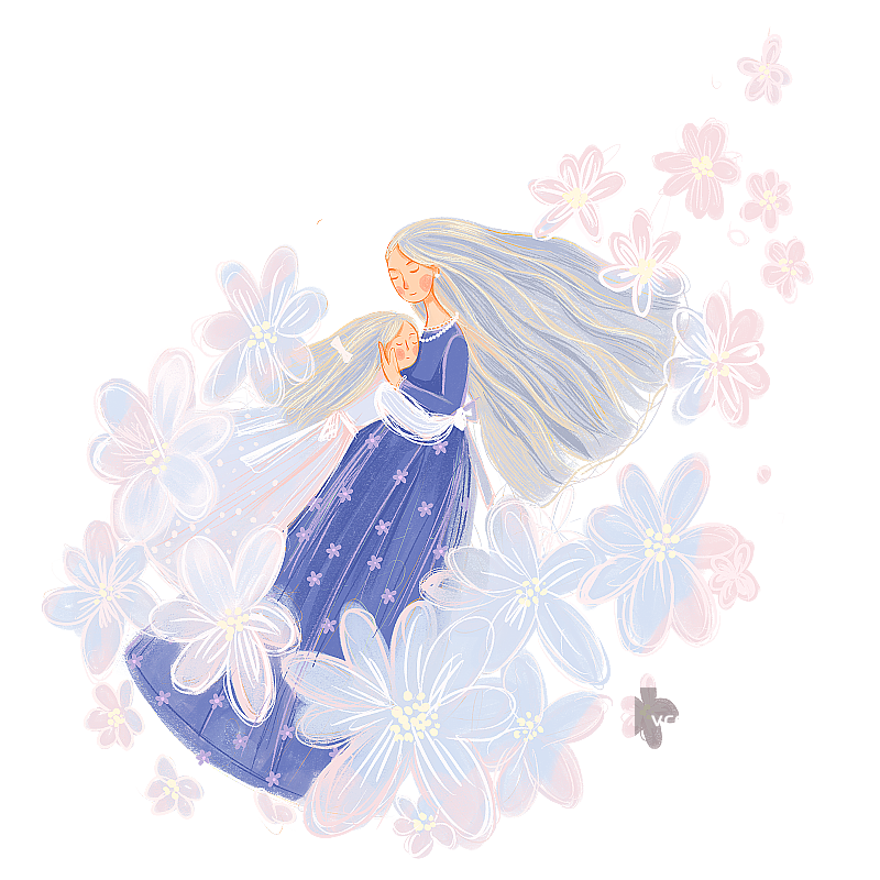 母亲节花丛中拥抱的母亲女儿插画图片素材