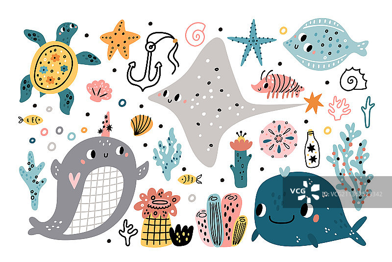 可爱的海藻和动物海洋生物图片素材