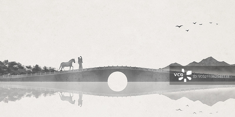 中国风水墨古人牵马饮酒插画图片素材