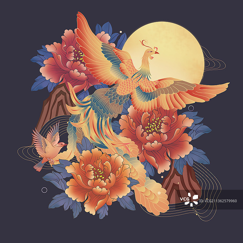 月亮下的凤凰牡丹图图片素材