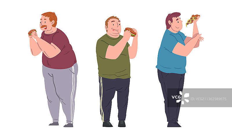 快乐的胖人角色吃披萨图片素材