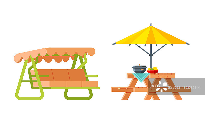 带遮阳篷和桌子的花园秋千图片素材