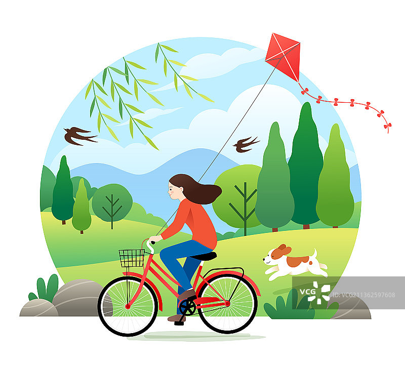 春天一个女孩在户外骑自行车放风筝插画图片素材