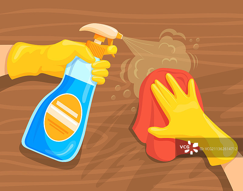 清洁桌子：橡胶手套喷雾擦拭图片素材