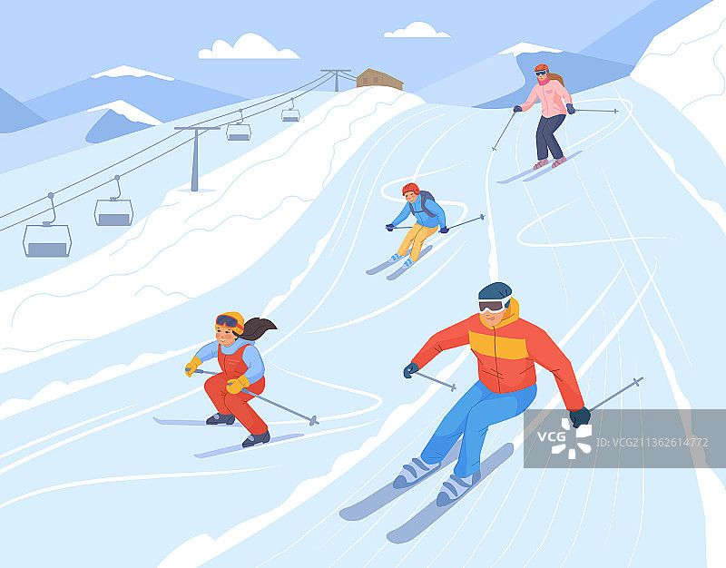 滑雪胜地家庭：单板滑雪者在雪坡上图片素材