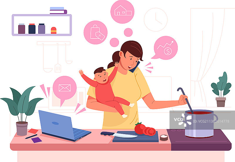 忙碌的带娃母亲图片素材