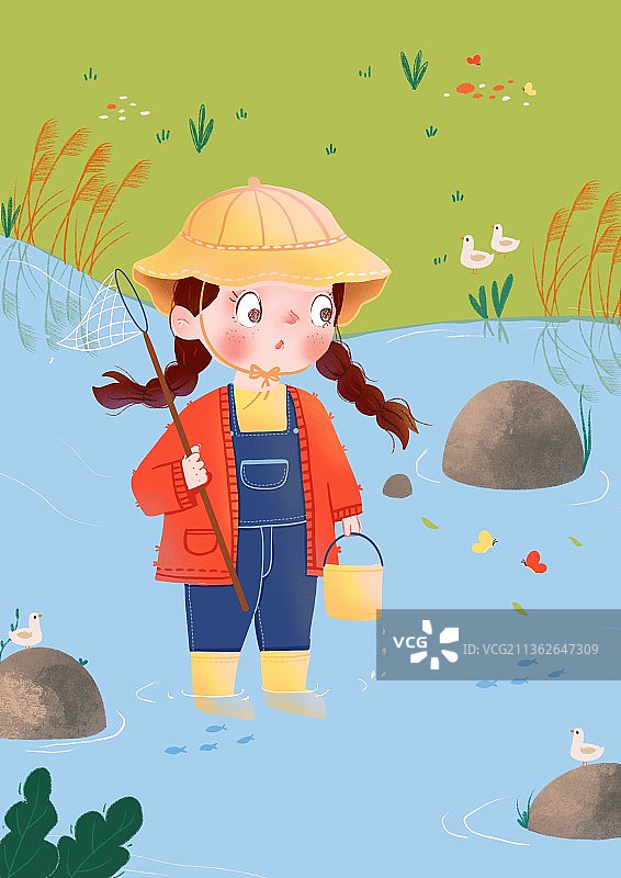 可爱女孩捞鱼图片素材