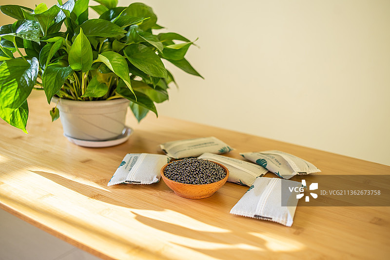 新房净化空气的绿萝和纳米矿晶活性炭图片素材