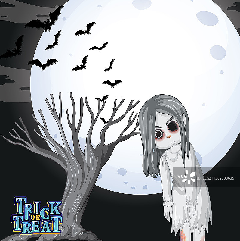 满月背景上的黑眼幽灵女孩图片素材
