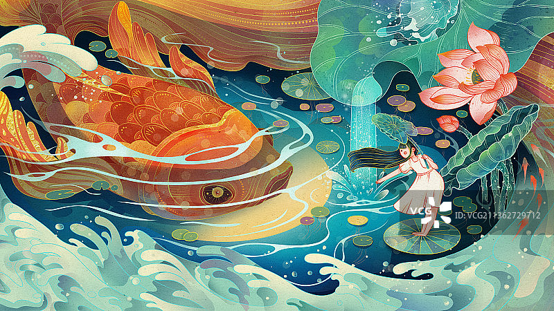 荷塘月色下小女孩和锦鲤图片素材