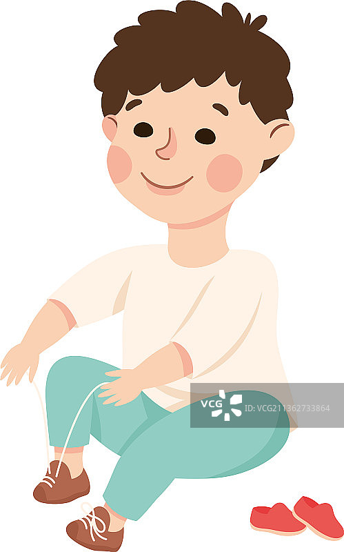 正在换衣服系鞋带的小男孩图片素材