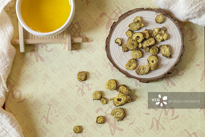 中国古风背景的中药黄芩特写图片素材