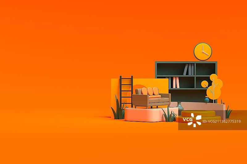 3d渲染卡通风家居场景插画图片素材