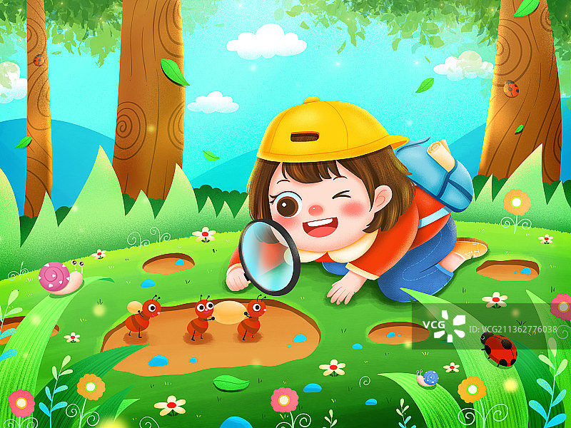 春天惊蛰节气观察蚂蚁的女孩插画图片素材
