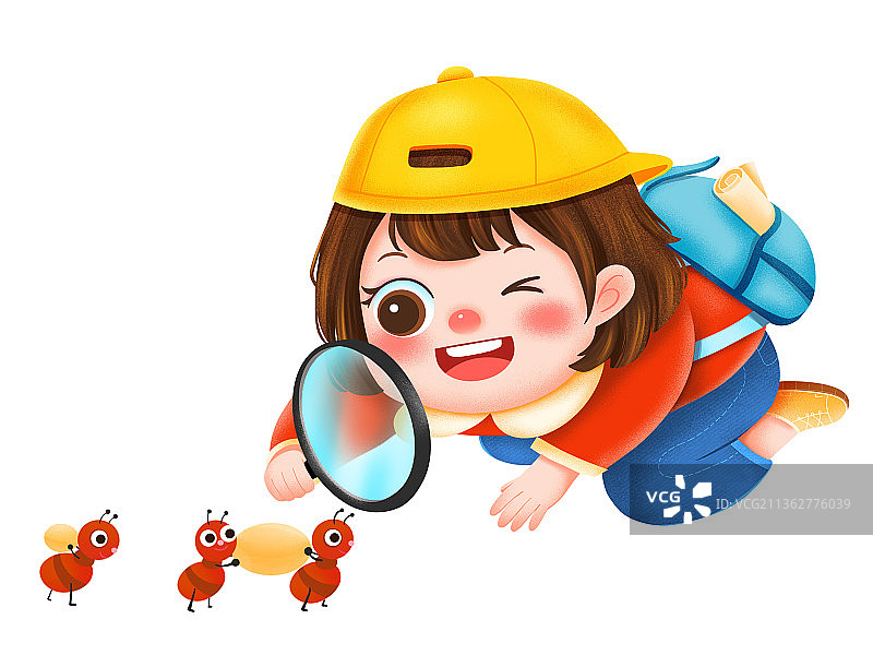 用放大镜观察蚂蚁的小女孩元素图片素材