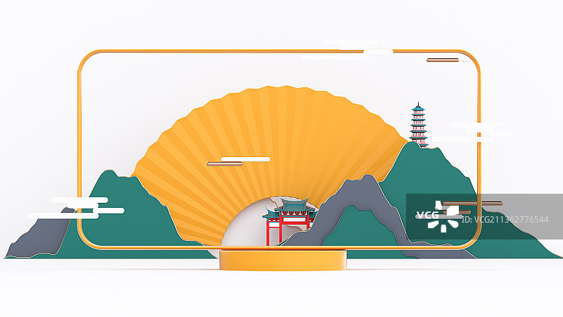 3d渲染中国风山水场景插画图片素材