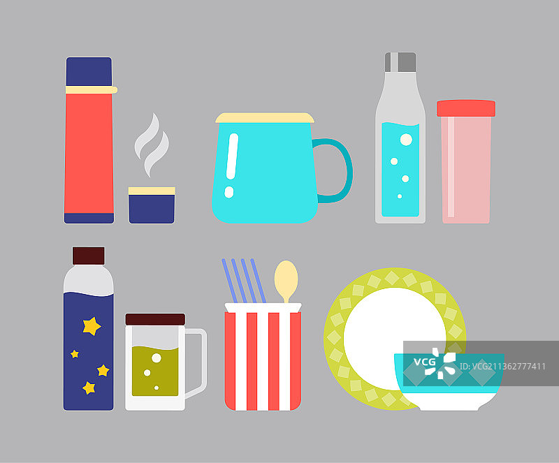 多款精美扁平风格水杯餐具图片素材