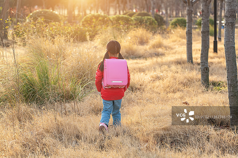 放学走在路边草丛中的小女孩图片素材