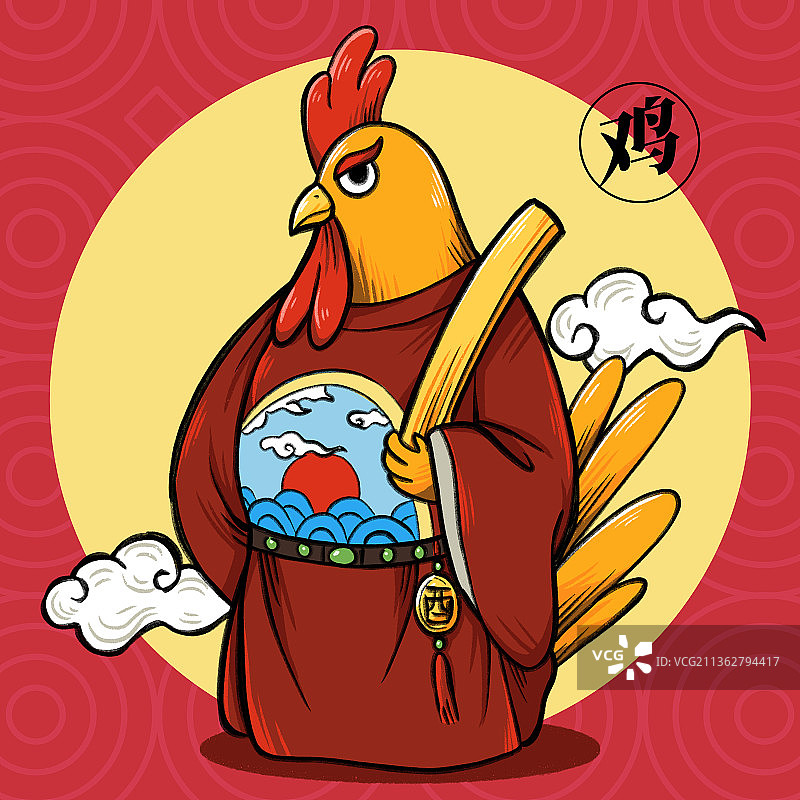 原创国潮插画十二生肖鸡年图片素材