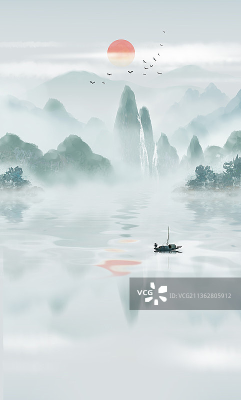 写意中国风淡雅意境水墨山水画图片素材