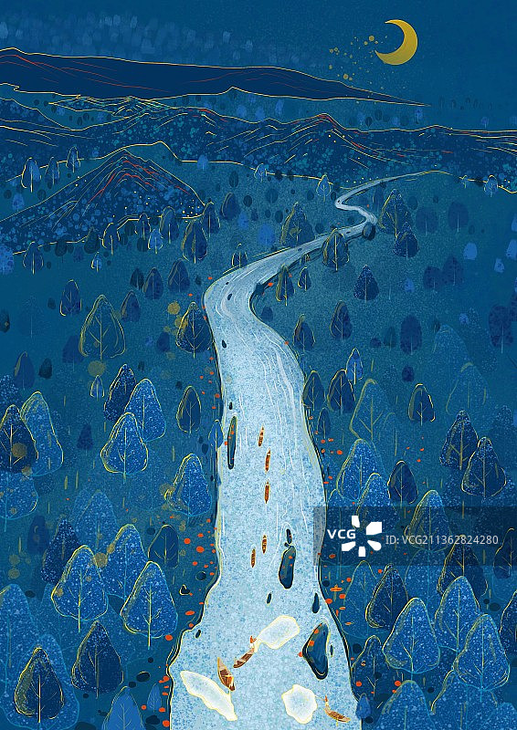 中国风古典神秘民族风插画月色河流捕鱼船图片素材