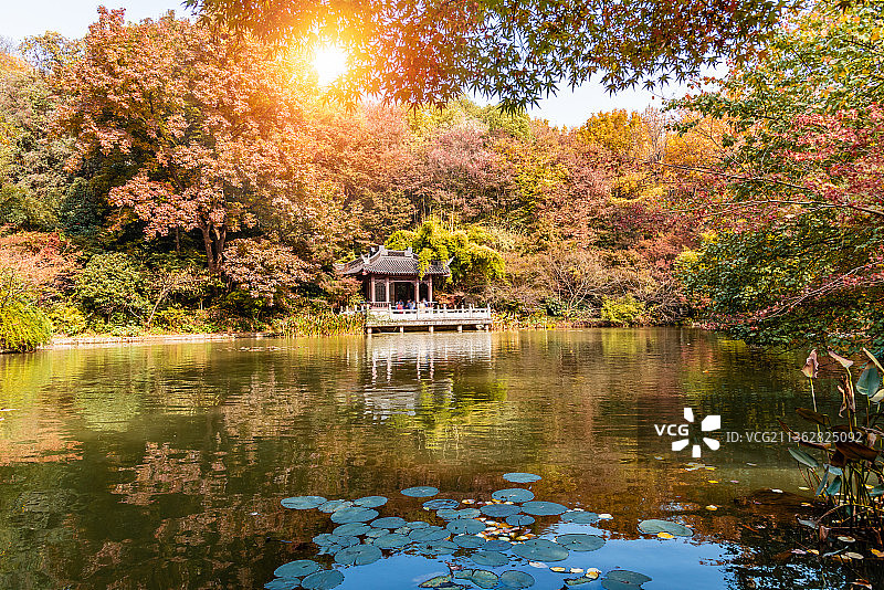 秋天中国南京栖霞山的桃花涧和珍珠泉亭图片素材