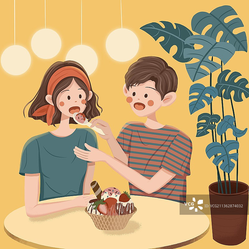 情侣一起吃冰淇淋插画图片素材