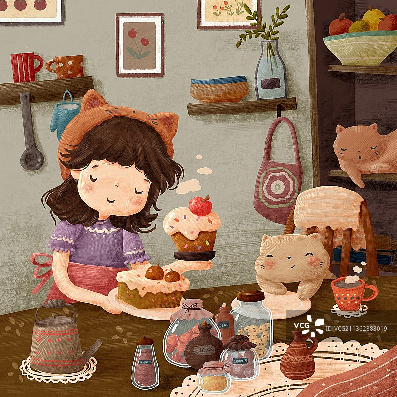 小女孩在厨房做蛋糕图片素材
