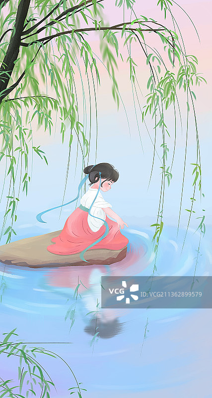 春天垂柳少女手绘插画图片素材