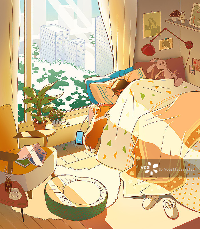 冬天白天卧室睡觉插画图片素材