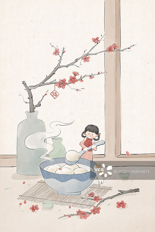 冬天梅花冬至元宵汤圆中式古风插画图片素材