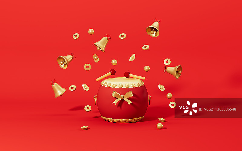 创意新年锣鼓3D渲染图片素材