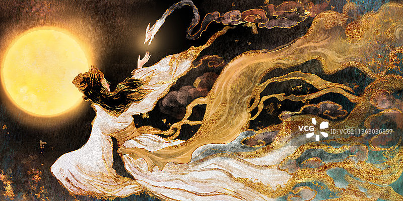 中国风金色水墨神话人物画奔月图片素材