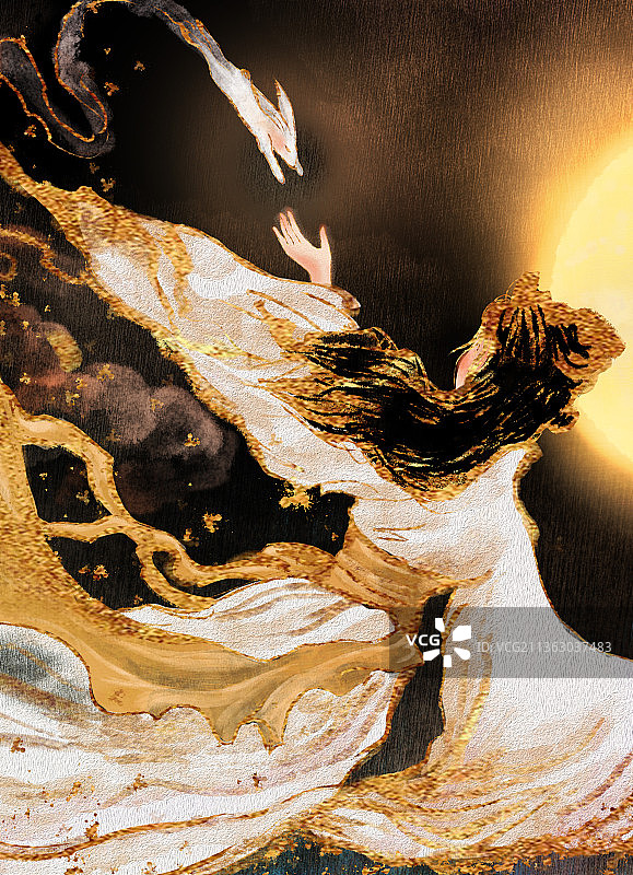 中国风金色水墨神话人物奔月竖版图片素材