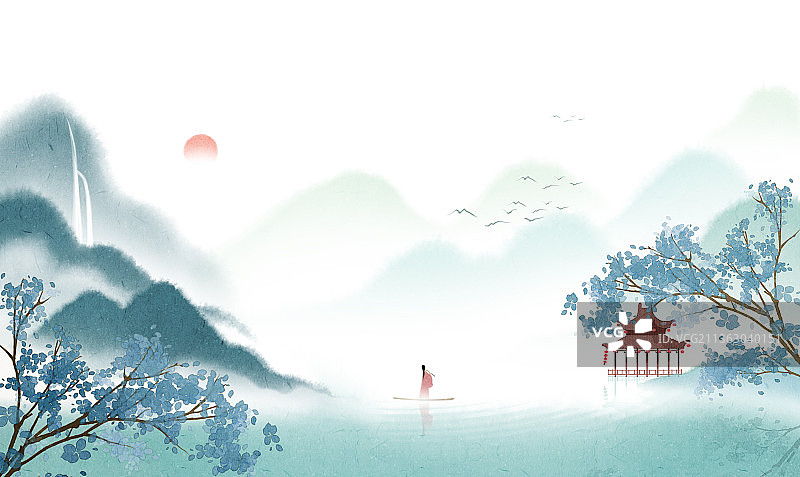 新中式水墨山水风景插画图片素材